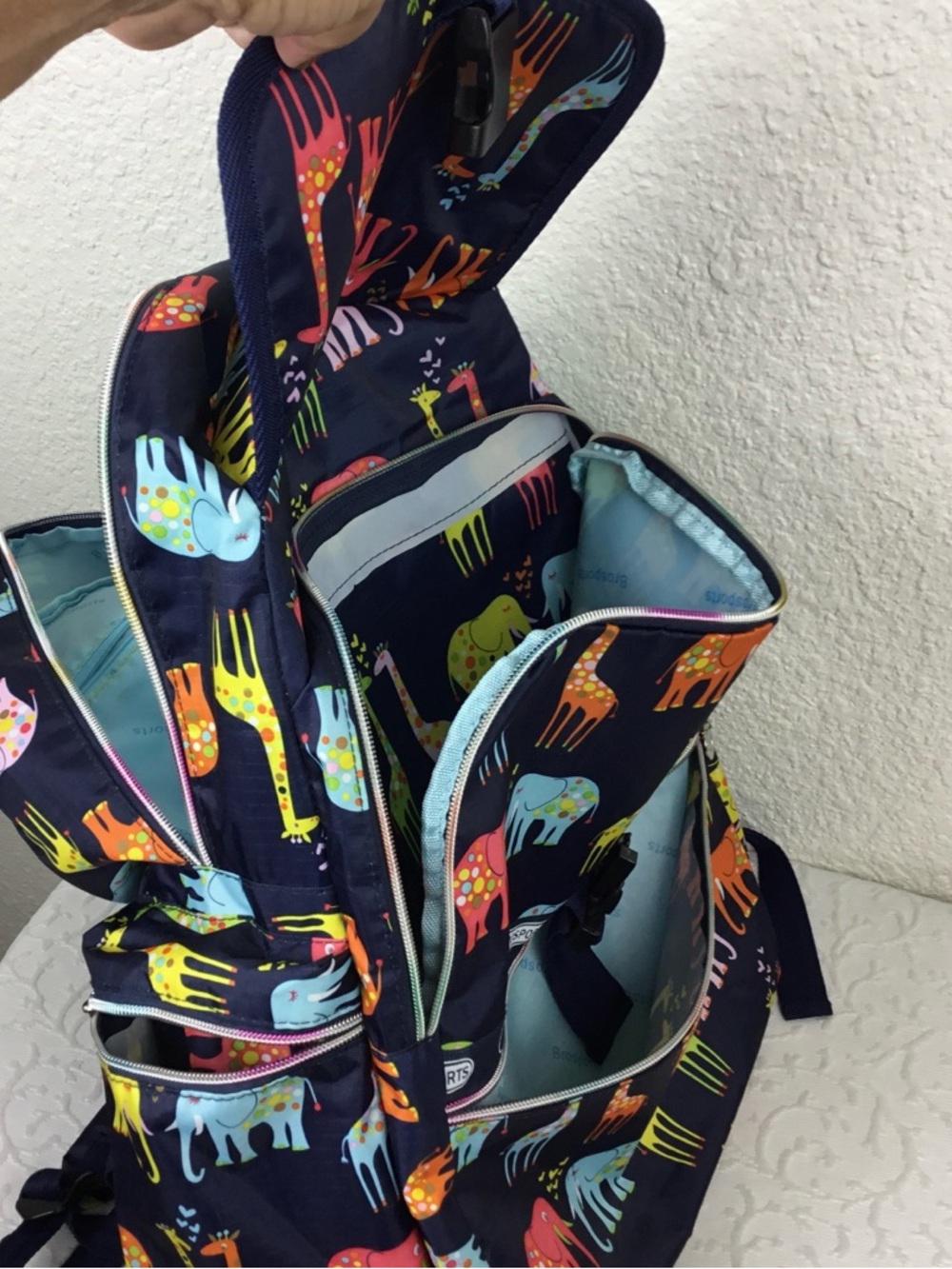 Colorful Giraffe & Elephant Print Navy Backpack - Picture 8 of 9